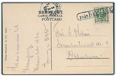 5 øre Fr. VIII på brevkort annulleret med svensk skibsstempel Från Danmark og sidestemplet Helsingborg d. 5.6.1909 til København, Danmark.