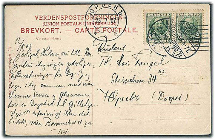 5 øre Fr. VIII i parstykke på brevkort fra Kjøbenhavn d. 2.8.1907 til Dorpat, Estland, Rusland.