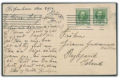 5 øre Fr. VIII (2) på brevkort fra Kjøbenhavn d. 24.12.1907 til Reykjavik, Island.