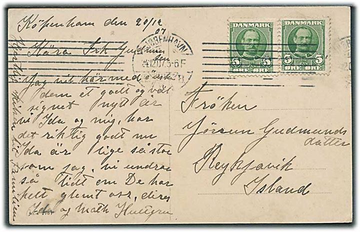 5 øre Fr. VIII (2) på brevkort fra Kjøbenhavn d. 24.12.1907 til Reykjavik, Island.