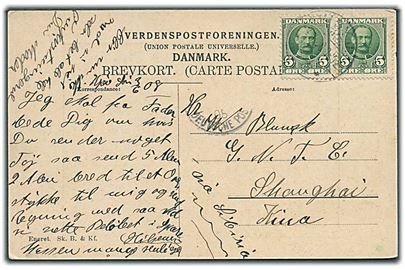 5 øre Fr. VIII i parstykke på brevkort fra Viby J. d. 4.6.1908 til Shanghai, Kina. Delvist ank.stempel fra det tyske postkontor i Shanghai. Påskrevet via Sibiria.