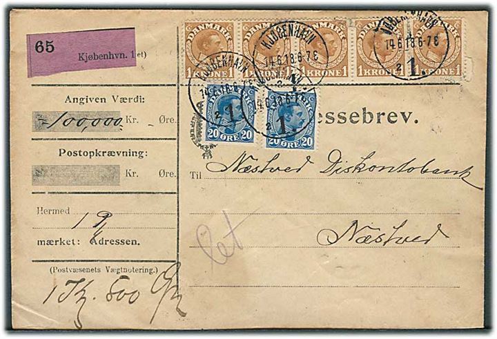 20 øre (2) og 1 kr. (5) Chr. X på adressebrev for værdipakke fra Kjøbenhavn d. 14.6.1918 til Næstved. Påskrevet Let. Flere mærker med skader.