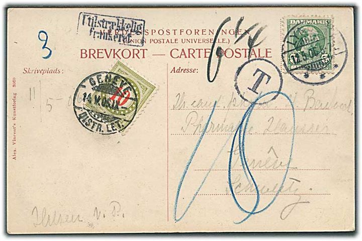5 øre Chr. IX på underfrankeret brevkort fra Lyngby d. 12.5.1906 til Genéve, Schweiz. Sort T og Utilstrækkelig frankeret, samt 10 c. Portomærke stemplet Genéve d. 14.5.1906.