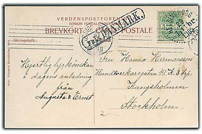 5 øre Våben på brevkort annulleret med svensk stempel i Helsingborg d. 29.11.1905 og sidestemplet Från Danmark til Stockholm, Sverige.