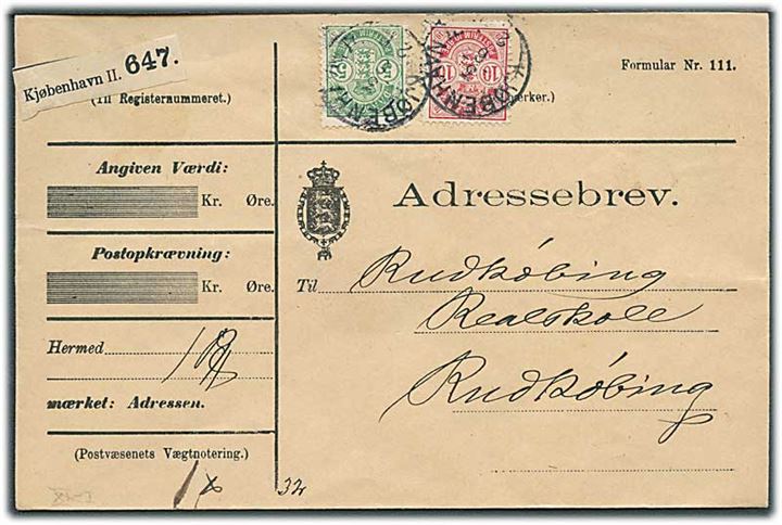 5 øre og 10 øre Våben på adressebrev for pakke fra Kjøbenhavn d. 3.6.1904 til Rudkjøbing.