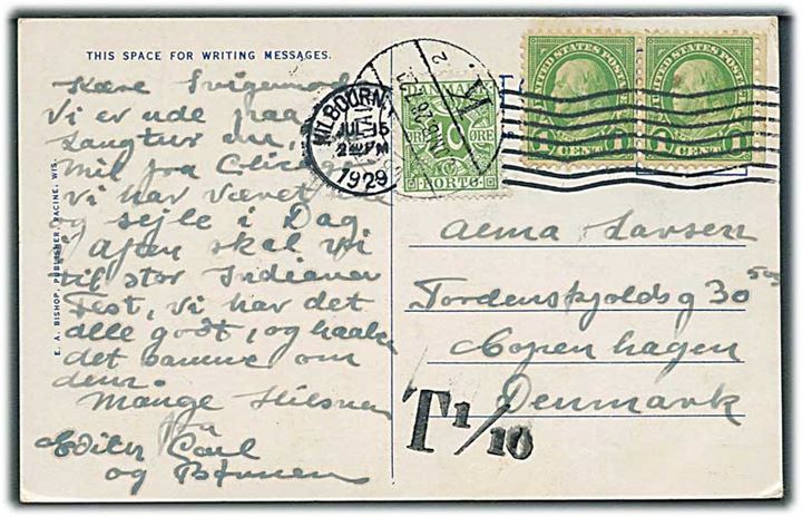 Amerikansk 1 cent Franklin i parstykke på underfrankeret brevkort fra Hilbourn d. 15.7.1929 til København, Danmark. Udtakseret i porto med 10 øre Portomærke stemplet København d. 28.7.1929.