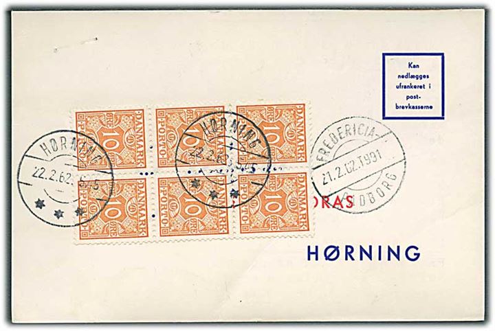 Ufrankeret svarbrevkort fra Højer med bureaustempel Fredericia - Padborg T.991 d. 21.2.1962 til Hørning. Påsat 10 øre Portomærke i 6-blok stemplet Hørning d. 22.2.1962.
