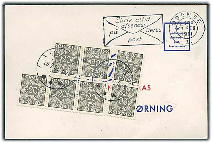 Ufrankeret svarbrevkort fra Odense d. 27.2.1961 til Hørning. Påsat 20 øre Portomærke (7) stemplet Hørning d. 28.2.1961.