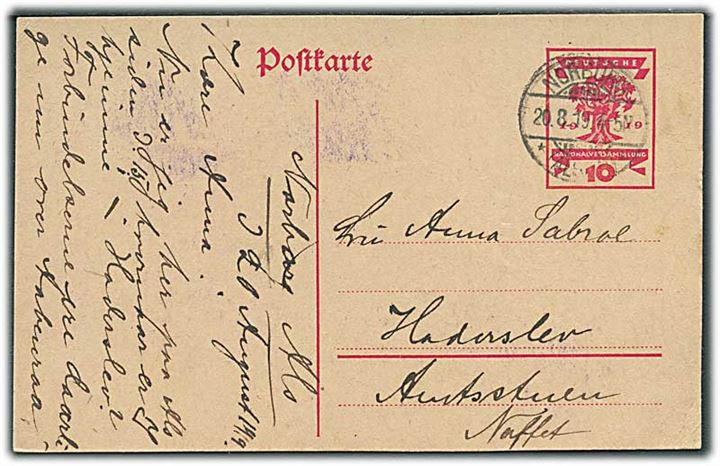 10 pfg. Wiemar helsagsbrevkort stemplet Norburg *(Alsen)* d. 20.8.1919 til Haderslev.