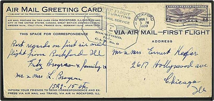 5 cent violet luftpostmærke på postkort fra Rockford, USA, d. 8.3.1930 til Chicago.