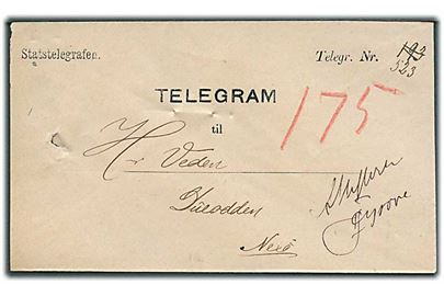 Statstelegrafen Telegram kuvert til Dueodde pr. Nexø. Svagt stempel på bagsiden. 