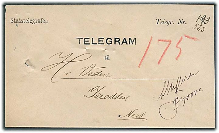 Statstelegrafen Telegram kuvert til Dueodde pr. Nexø. Svagt stempel på bagsiden. 