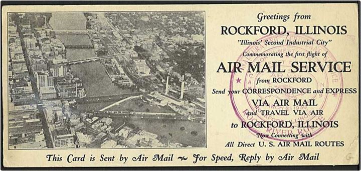 5 cent violet luftpostmærke på postkort fra Rockford, USA, d. 8.3.1930 til Chicago.