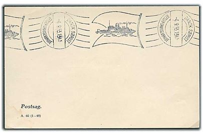 Uadresseret postsags-brevkort med håndrulle skibsstempel Dansk Søpost Gedser-Grossenbrode d. 4.9.1953.