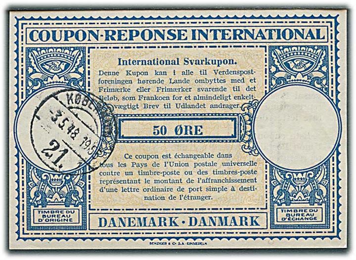 50 øre International Svarkupon stemplet København 21 d. 3.5.1948.