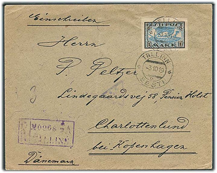 1 mk. Vikingsskib utakket single på anbefalet brev fra Tallinn d. 3.10.1919 til Charlottenlund, Danmark. Trekantet estisk censur S.K./ TL / 3.