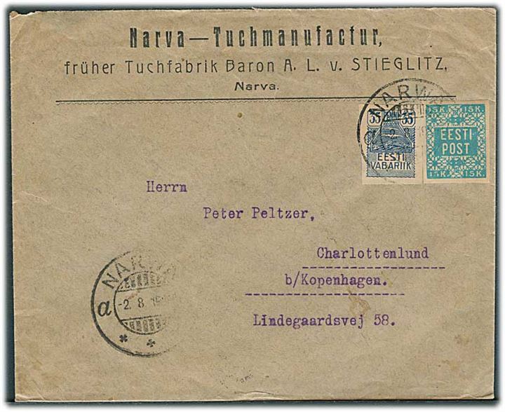 15 k. Våben og 35 pen. Måge utakket på brev fra Narwa d. 2.8.1919 til Charlottenlund. På bagsiden svagt estisk censurstempel S.K..