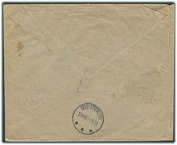 15 k. Våben og 35 pen. Måge utakket på brev fra Narwa d. 2.8.1919 til Charlottenlund. På bagsiden svagt estisk censurstempel S.K..