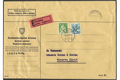 Tjenestemærke på expres militærforsendelse fra Zug, Schweiz, d. 9.7.1940 til Zürich. Et mærke med perfin kors.