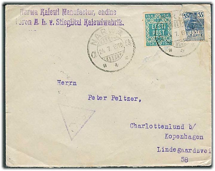 15 k. Våben og 35 pen. Måge (defekt) utakket på brev fra Narwa d. 24.7.1919 til Charlottenlund. Trekantet estisk censur S.K..