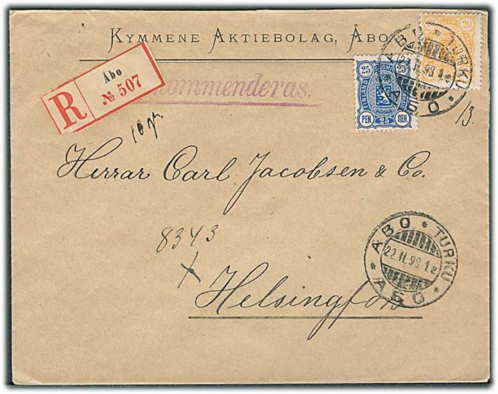 20 pen. og 25 pen på anbefalet brev fra Åbo d. 22.2.1898 til Helsingfors.