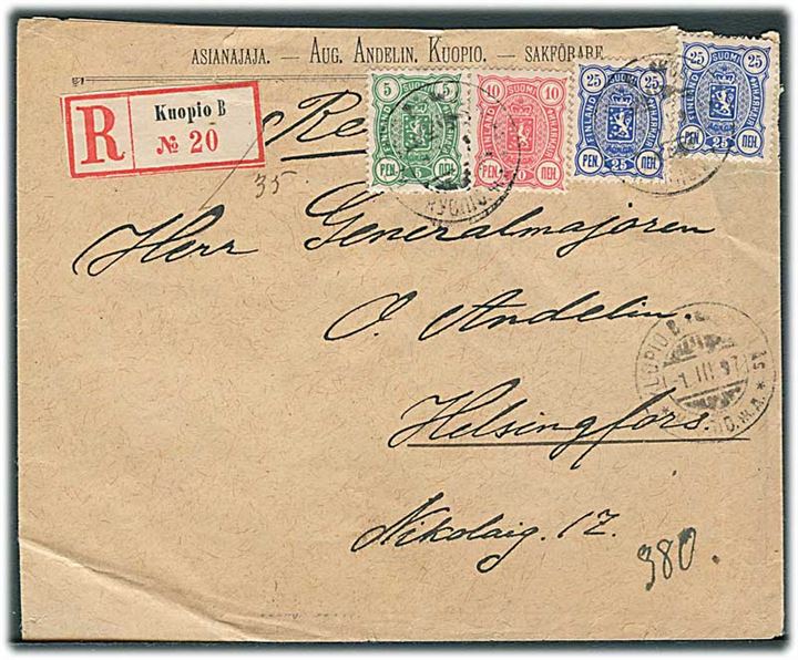 5 pen., 10 pen. og 25 pen. (2) Våben på anbefalet brev fra Kuopio d. 1.3.1897 til Helsingfors.