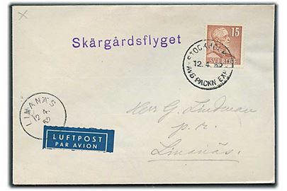 15 öre Gustaf på luftpost tryksag fra Stockholm d. 12.4.1952 til Linanäs. Liniestempel: Skärgårdsflyget.