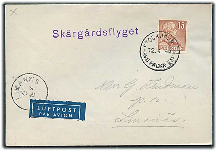 15 öre Gustaf på luftpost tryksag fra Stockholm d. 12.4.1952 til Linanäs. Liniestempel: Skärgårdsflyget.
