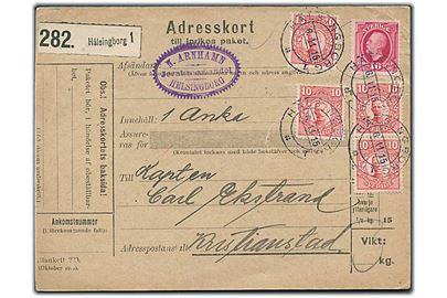 10 öre Oscar og 10 öre Gustaf (4) på adressekort for pakke fra Hälsingborg d. 6.11.1915 til Kristianstad.