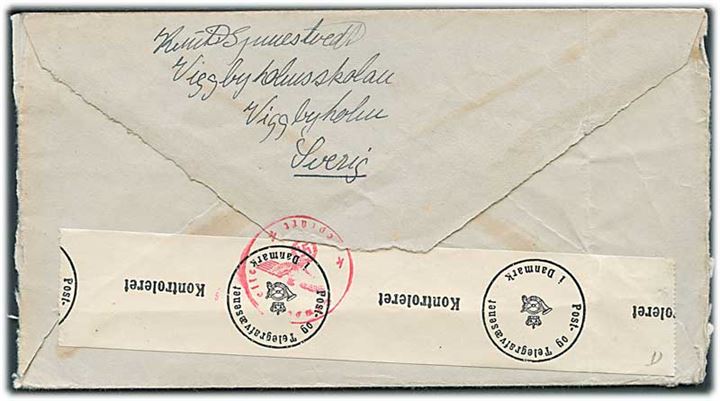 10 öre Stytte-rörelsen i parstykke på brev fra Viggbyholm d. 5.12.1944 til Rødby, Danmark. Åbnet af tysk censur med dansk banderole stemplet Zensurstelle k. 2 arkiv huller.