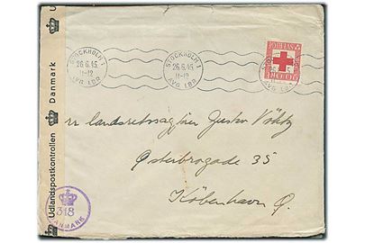 20 öre Røde Kors på brev fra Stockholm d. 26.6.1945 til København, Danmark. Åbnet af dansk efterkrigscensur (krone)/318/Danmark.
