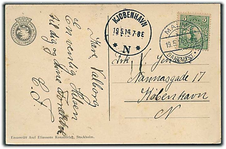 5 öre Gustaf på brevkort (Baltiska Utställningen Malmö 1914 - Danska Utställningen) stemplet Malmö Balt. UTST d. 19.5.1914 til København, Danmark. 