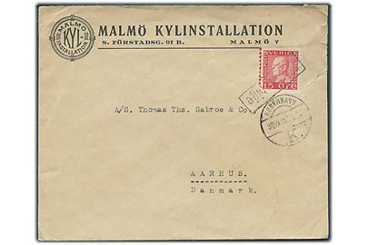 15 öre Gustaf på brev fra Malmö annulleret med skibsstempel Fra Sverige og sidestemplet København d. 30.10.1935 til Aarhus, Danmark.