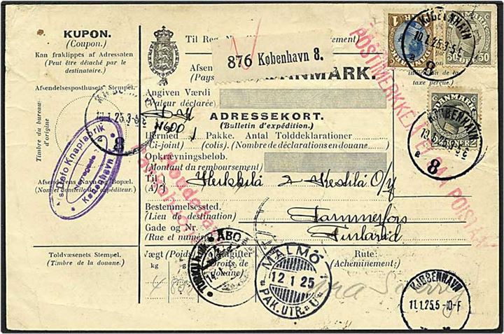 3,50 kr. Chr. X porto, takningsfejl i 50 øre og 1 kr., på adressekort fra København d. 10.1.1925 til Tammerfors, Finland via Malmø, Sverige.