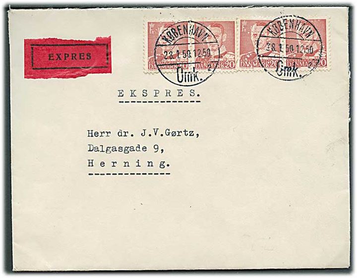 20 øre Fr. IX (4) med perfin ScL på fortrykt kuvert fra Statens Civile Luftværn sendt som ekspres fra København d. 28.1.1950 til Herning.