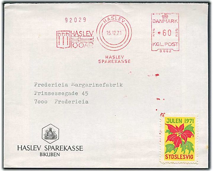 60 øre firmafranko frankeret brev med Sydslesvig Julemærke 1971 fra Haslev Sparekasse d. 15.12.1971 til Fredericia.