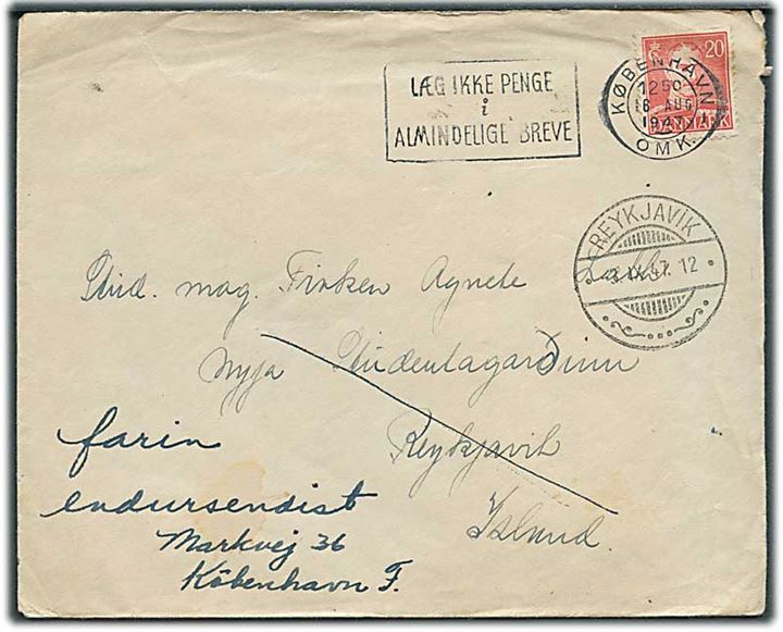 20 øre Chr. X på brev fra København d. 16.8.1947 til Reykjavik, Island - eftersendt til København.