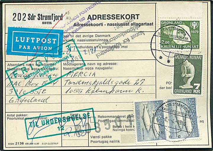 2 kr. Børneår, 7 kr. Fedtstensfigur og 50 kr. Skællaks (2) på adressekort for luftpostpakke fra Sdr. Strømfjord d. 8.4.1983 til København.
