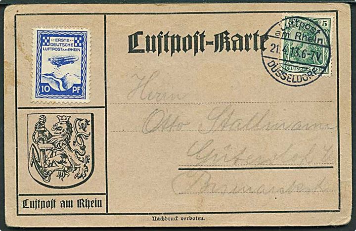 5 pfg. Germania stemplet Luftpost am Rhein Düsseldorf d. 21.4.1913 på officielt luftpostkort med 10 pfg. Erste Deutsche Luftpost am Rhein mærkat til Gütersloh.