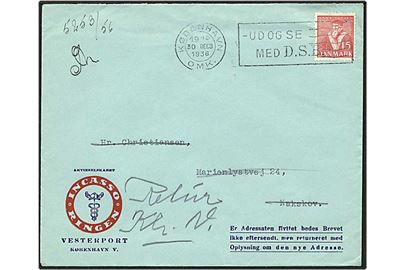 15 øre rød Hans Tavsen på brev fra København d. 30.12.1936 til Nakskov. Brevet returneret og med liniestempel Nakskov 31.dec 1936.