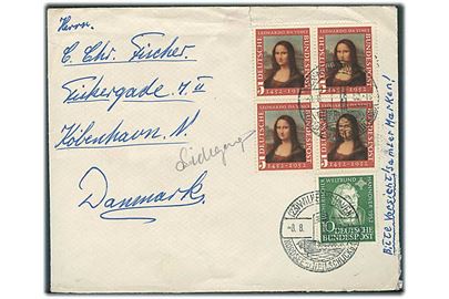 5 pfg. da Vinci i fireblok og 10 pfg. Luther på brev fra Wilhelmshaven d. 8.8.1952 til København, Danmark.