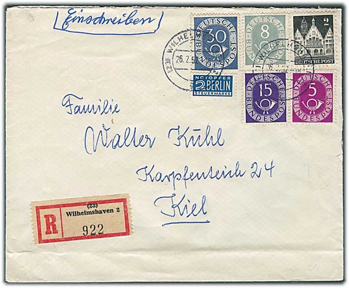 50 pfg. Blandingsfrankeret anbefalet brev med 2 pfg. Berlin Notopfer fra Wilhelmshaven d. 26.2.1952 til Kiel.