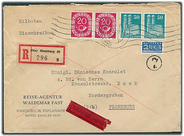 1,40 mk. frankeret anbefalet ekspresbrev med 2 pfg. Berlin Notopfer fra Hamburg d. 5.9.1951 til Flensburg.