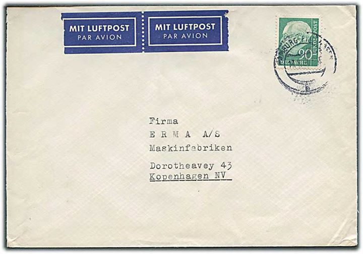 90 pfg. Heuss single på luftpostbrev fra Hamburg ca. 1954 til København, Danmark.