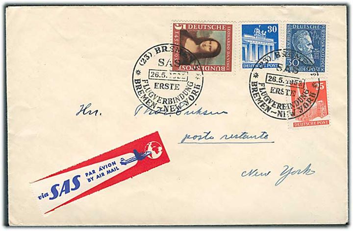 90 pfg. blandingsfrankeret på SAS 1.-flyvningsbrev annulleret med særstempel Bremen SAS Erste Flugverbindung Bremen-New York d. 26.5.1952 til New York, USA.