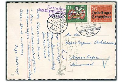 30 pfg. på brevkort fra Tyskland d. 1.7.1963 til København, Danmark. Eftersendt med stempel: Kassebrev Omkarteringspostkontoret København K.