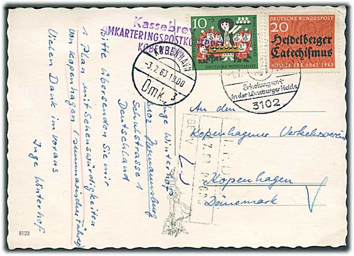 30 pfg. på brevkort fra Tyskland d. 1.7.1963 til København, Danmark. Eftersendt med stempel: Kassebrev Omkarteringspostkontoret København K.