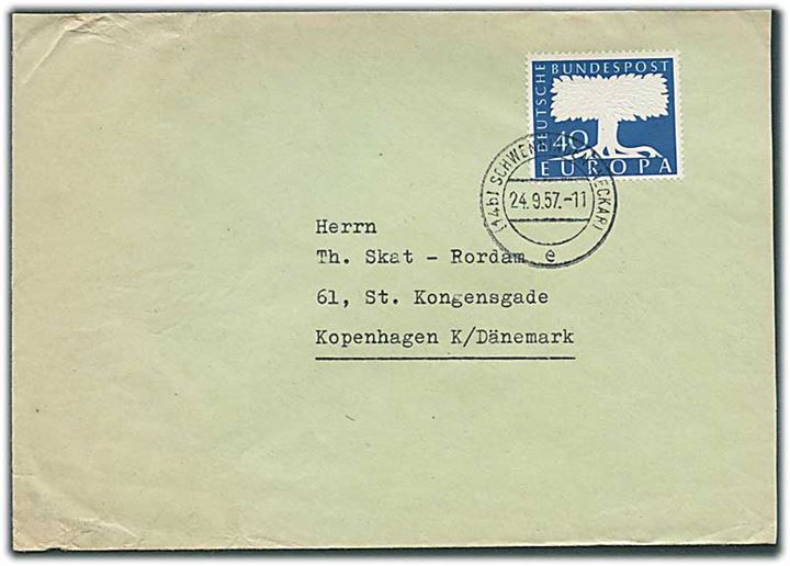40 pfg. Europa udg. på brev fra Schwenningen d. 24.9.1957 til København, Danmark.