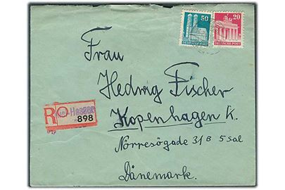 20 pfg. og 50 pfg. Bygning på anbefalet brev fra Kiel-Hassee d. 14.2.1949 til København, Danmark.