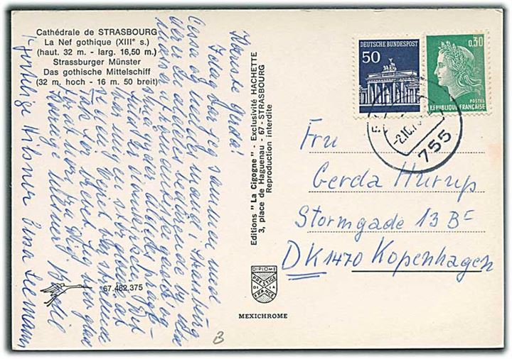 Fransk 0,30 fr. og tysk 50 pfg. på blandingsfrankeret brevkort fra Tyskland d. 2.10.197x til København, Danmark.